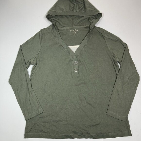 Vtg FADED GLORY V-Neck Long Sleeve Hooded Top Women Size 1X (16W) Olive Green - Picture 3 of 5